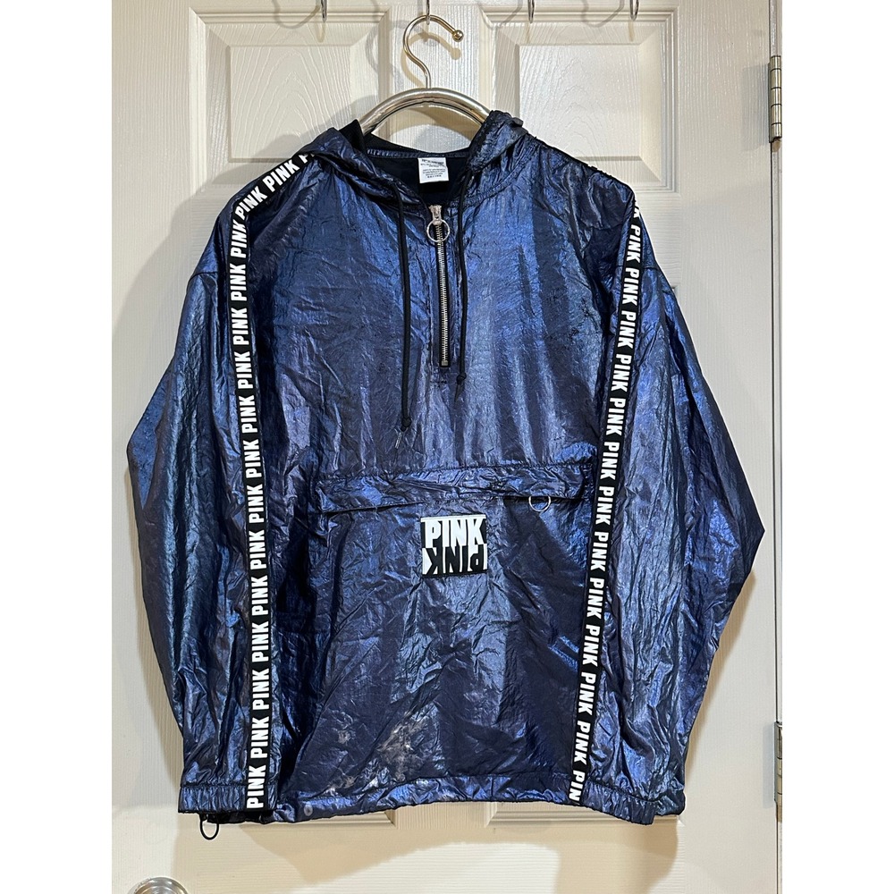 Victoria's Secret PINK Metallic Blue Anorak Windbreaker Quarter Zip Hooded M/L‎